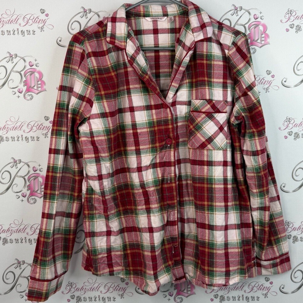 La Vie En Rose long sleeve button up, red Pink and Green Plaid Shirt collared